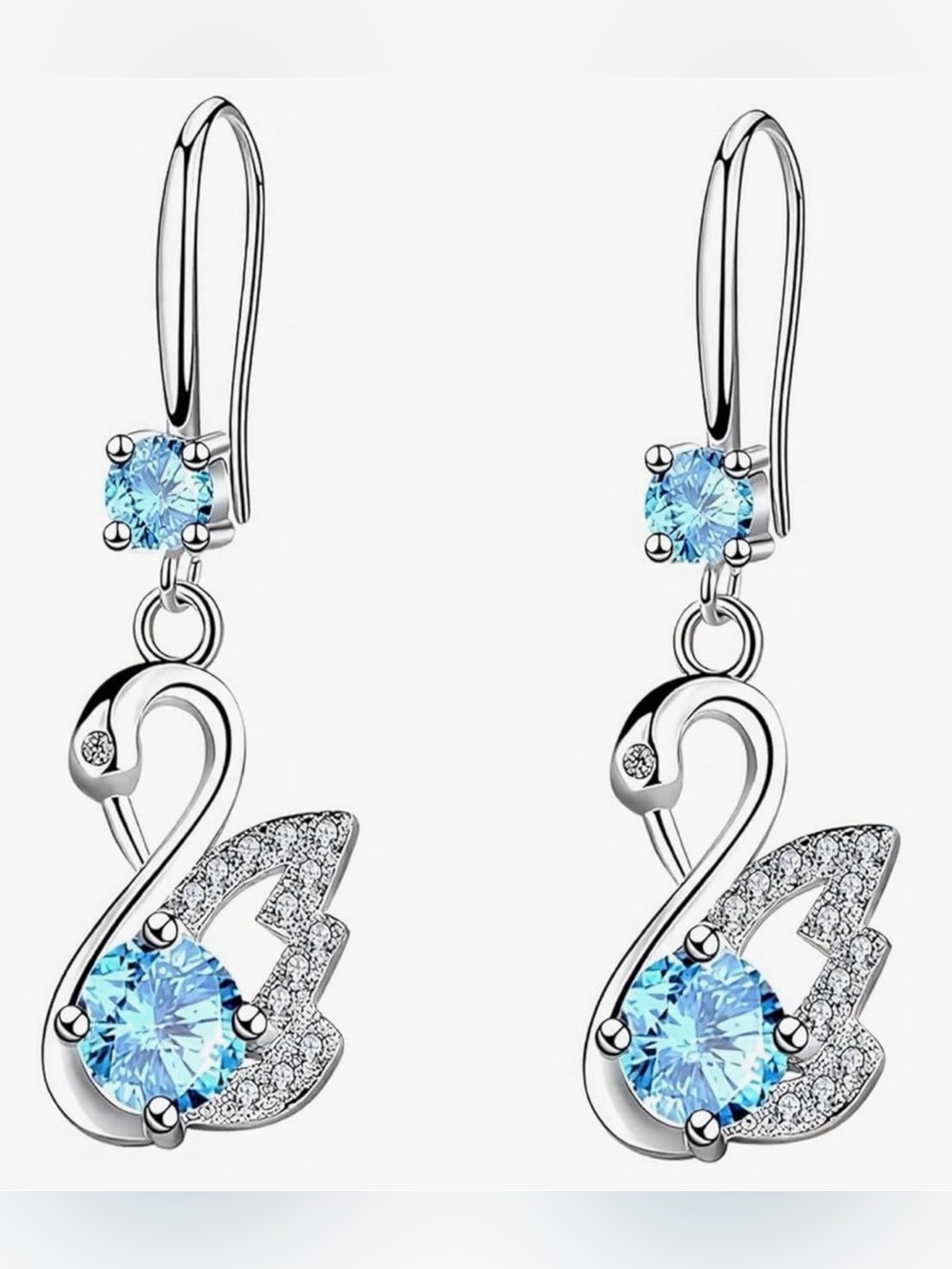 Sterling Silver Swan Dangle Earrings with Light Blue CZ, NWT